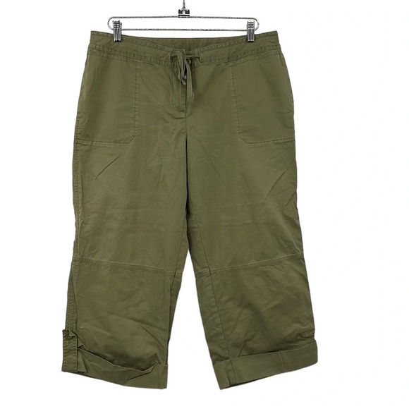 J Jill Pants Womens 14‎ Green Capris Straight Leg Cotton Stretch Cuffed Cropped - Picture 1 of 10
